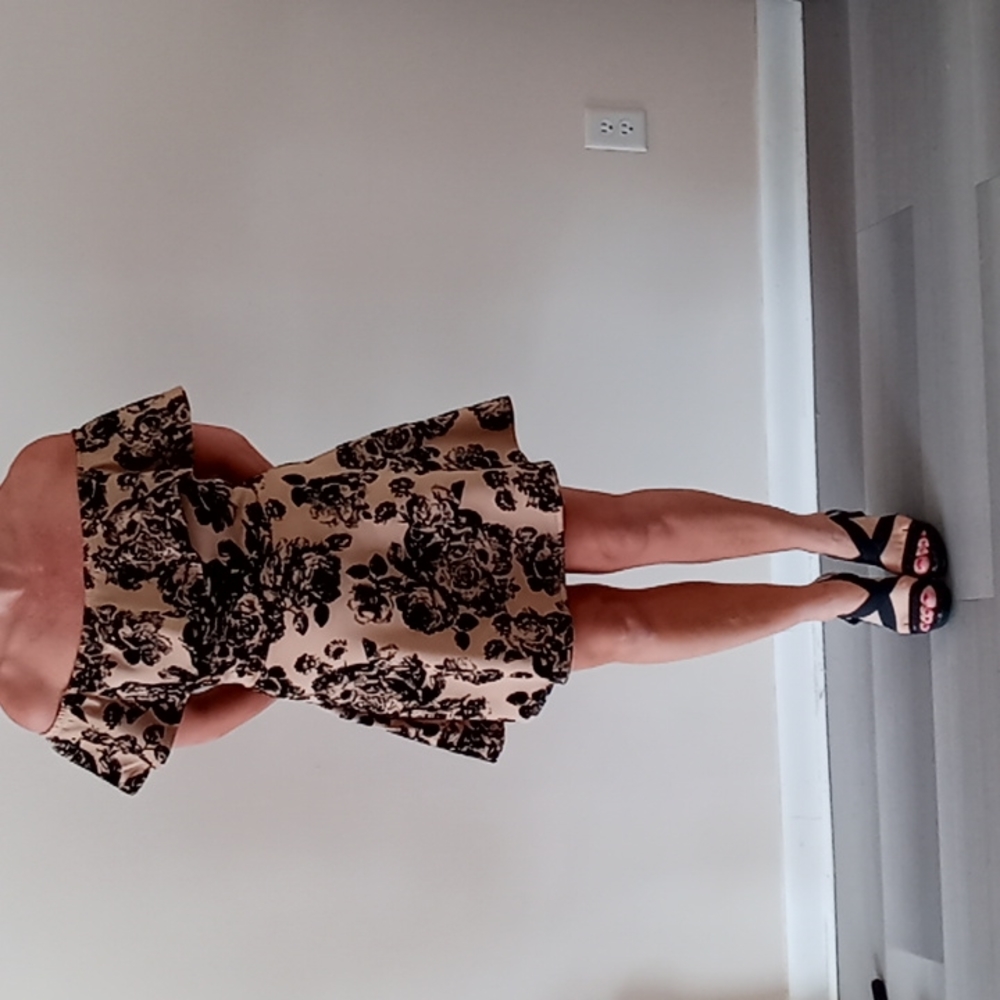 Pretty Tan Cold Shoulder Mini Dress with Black Velvet Floral Design